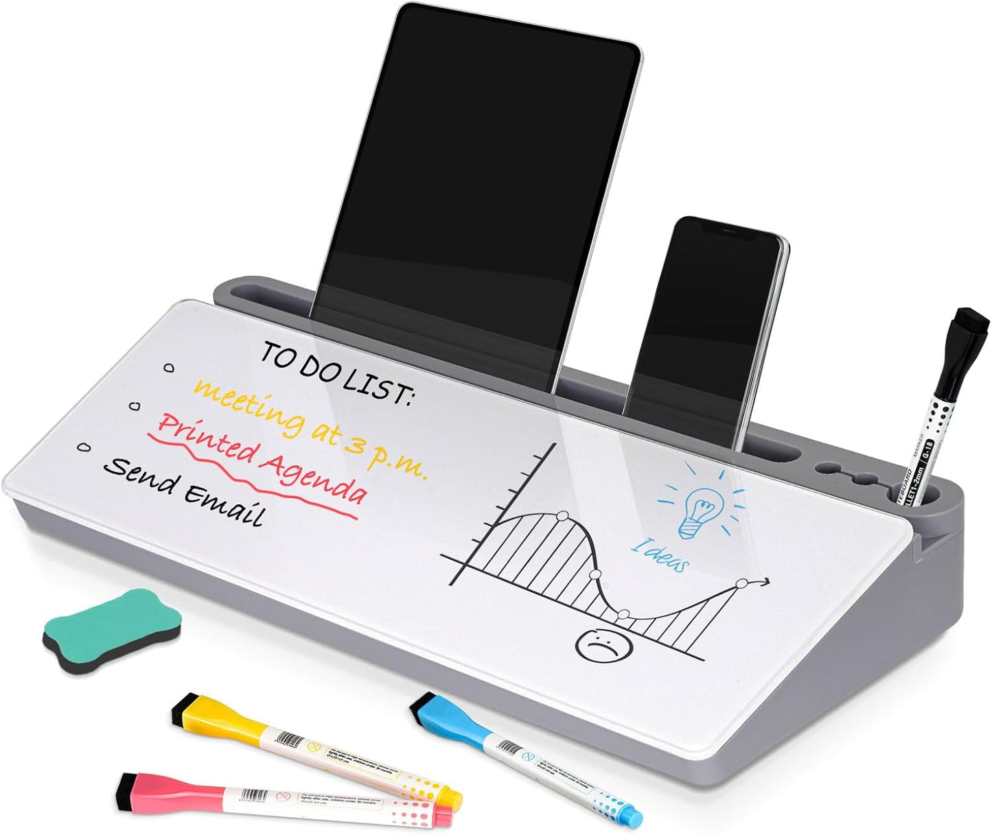 Glass Desk Whiteboard with Drawer & Keyboard Stand - Grey