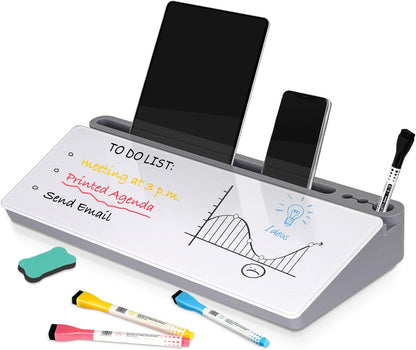 Glass Desk Whiteboard with Drawer & Keyboard Stand - Grey