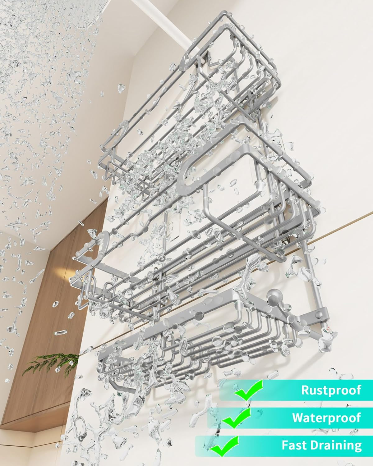 Hanging Shower Caddy - 12 Hooks & 2 Soap Trays, Silver