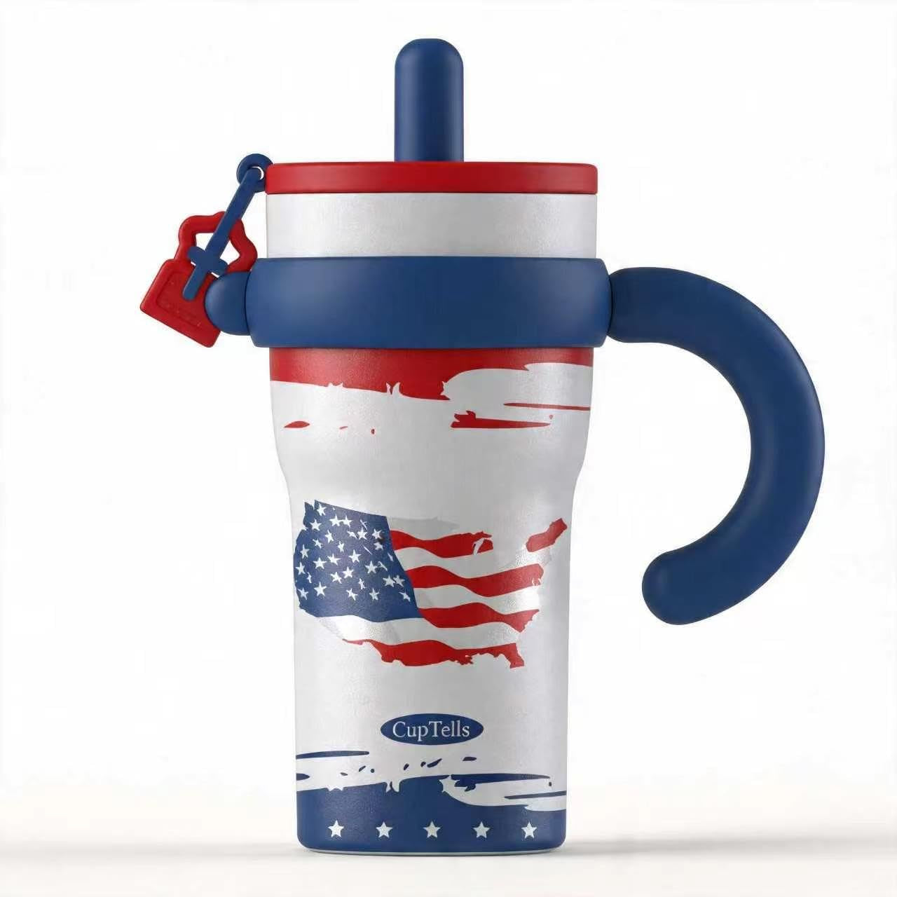 32Oz Insulated Tumbler with Handle & Straw - American Flag