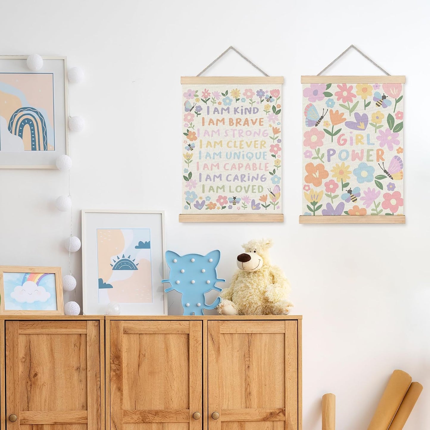 Floral Girls Room Wall Art - 2 Prints with Wood Hangers