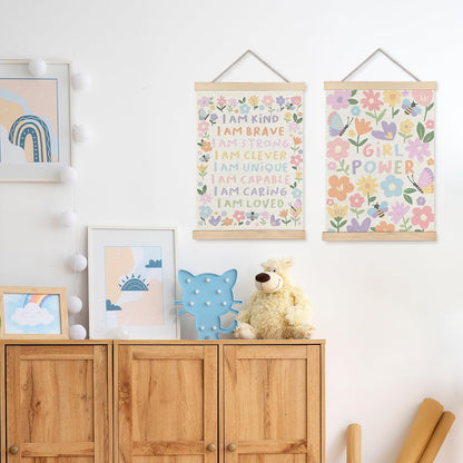 Floral Girls Room Wall Art - 2 Prints with Wood Hangers