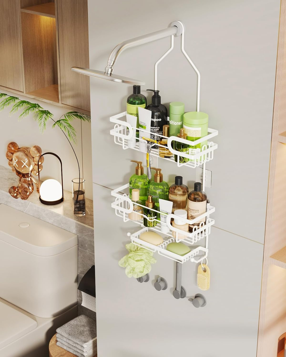 Hanging Shower Caddy - 12 Hooks & 2 Soap Trays, White