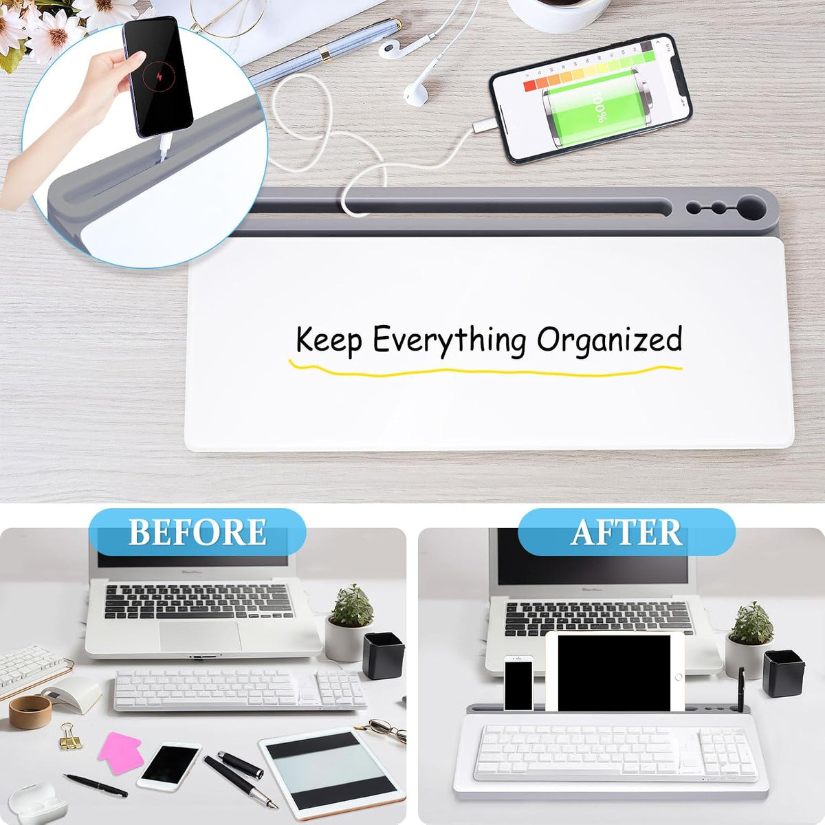 Glass Desk Whiteboard with Drawer & Keyboard Stand - Grey