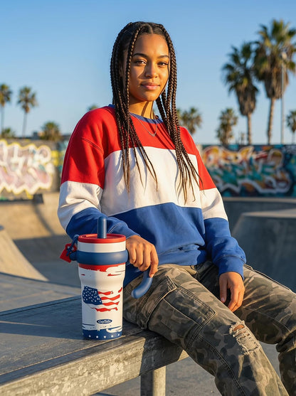 32Oz Insulated Tumbler with Handle & Straw - American Flag