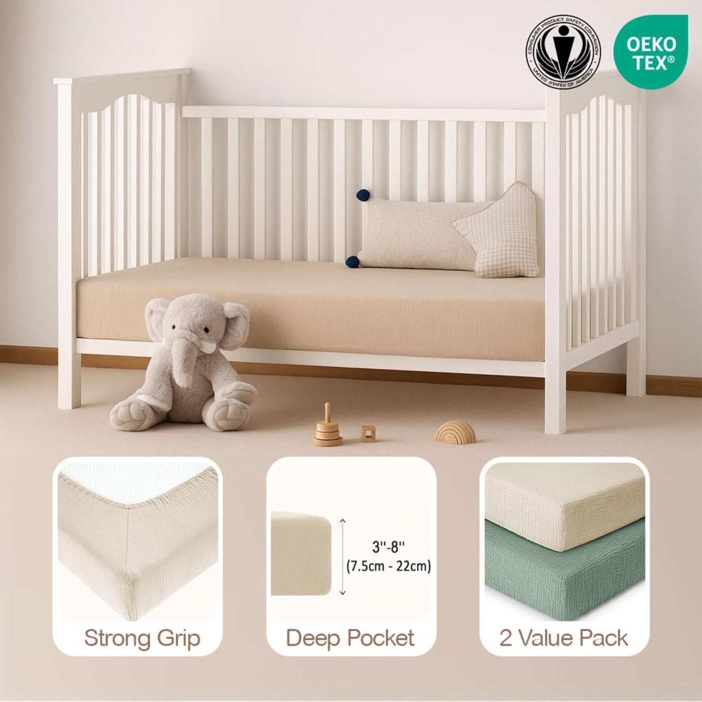 Muslin Crib Sheets 2-Pack - 100% Cotton, Green & Cream
