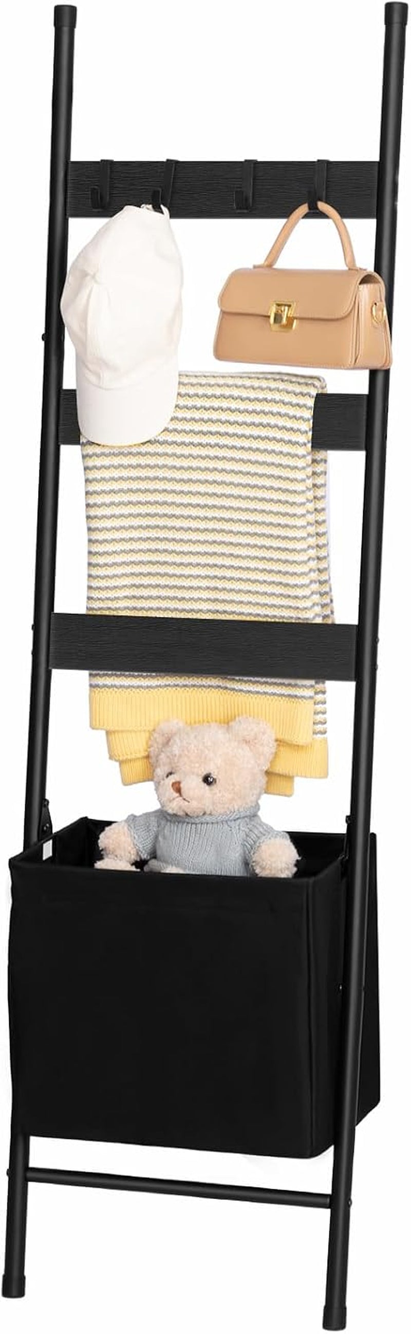 Blanket Ladder with Basket - 63In Towel Rack, Black