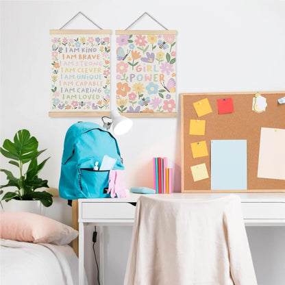 Floral Girls Room Wall Art - 2 Prints with Wood Hangers