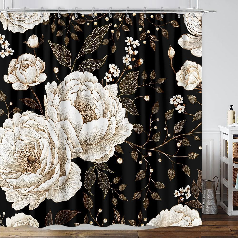Black & Gold Boho Shower Curtain Set - 4 Piece Bath Decor