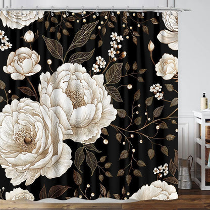 Black & Gold Boho Shower Curtain Set - 4 Piece Bath Decor