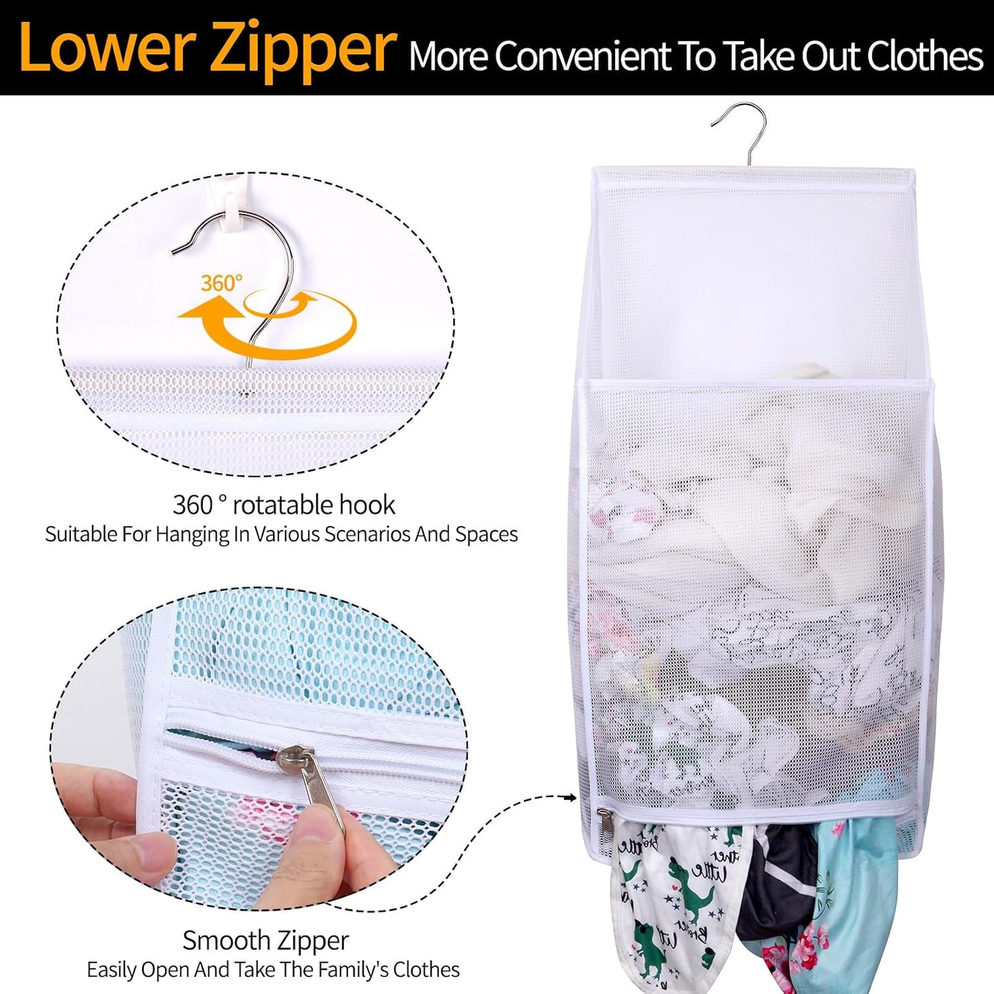 Hanging Mesh Laundry Bag - Collapsible, Space-Saving (White)