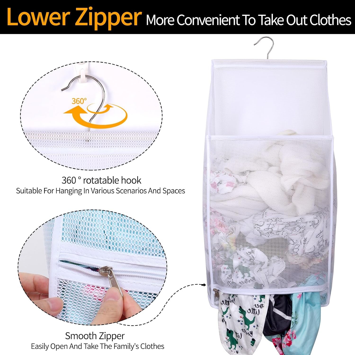 Hanging Mesh Laundry Bag - Collapsible, Space-Saving (White)