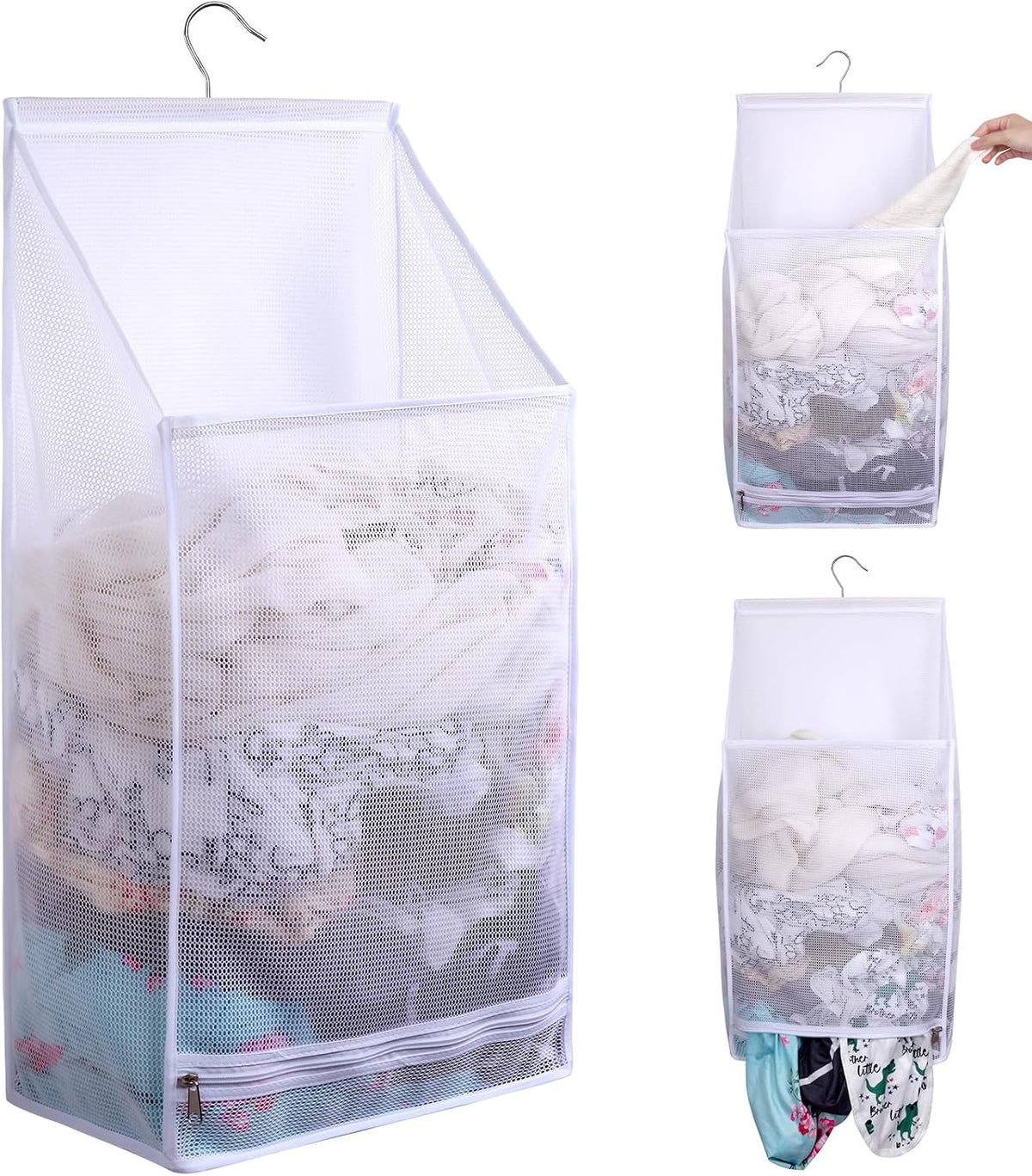 Hanging Mesh Laundry Bag - Collapsible, Space-Saving (White)