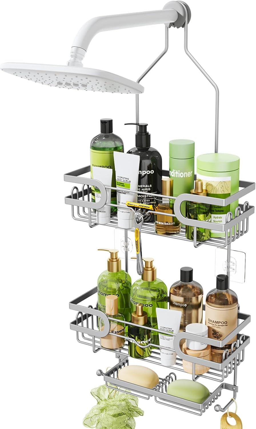Hanging Shower Caddy - 12 Hooks & 2 Soap Trays, Silver
