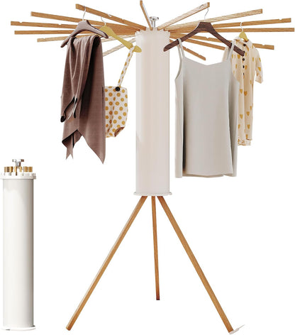 Foldable Clothes Drying Rack - 16 Wood Poles, Retractable