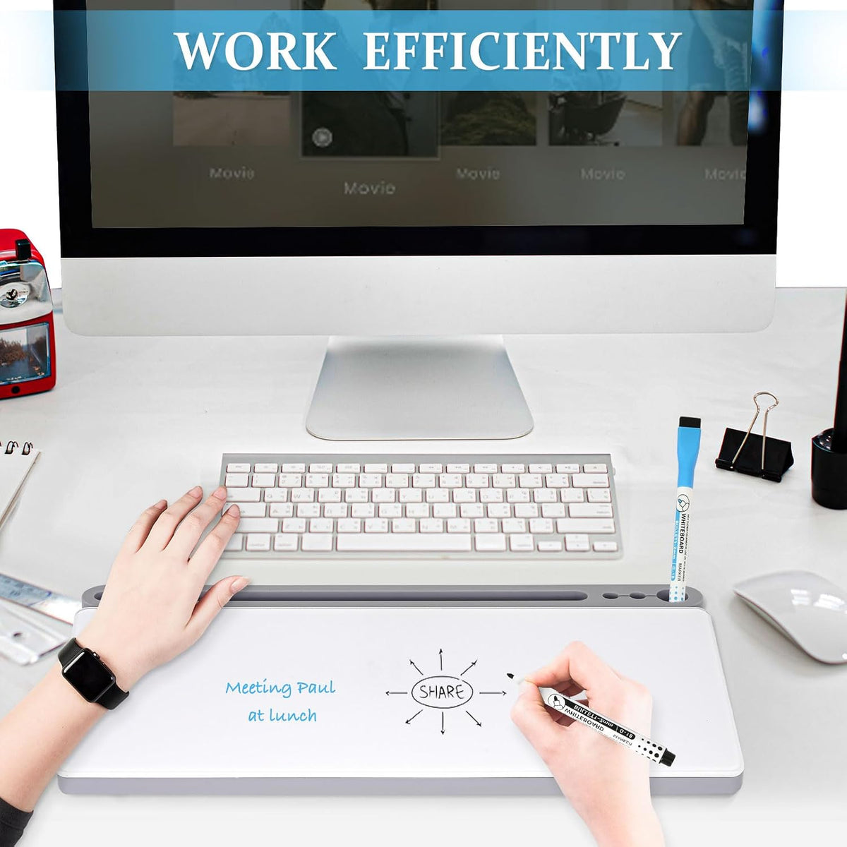 Glass Desk Whiteboard with Drawer & Keyboard Stand - Grey