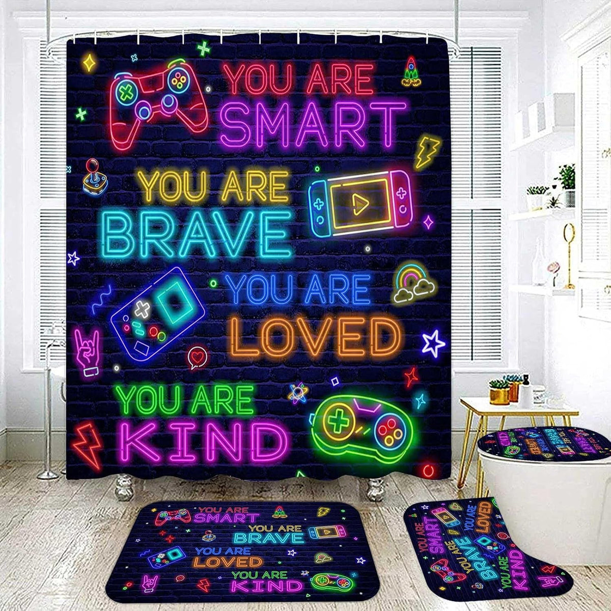Neon Gamer Shower Curtain Set - 4 Piece with Rugs & Hooks