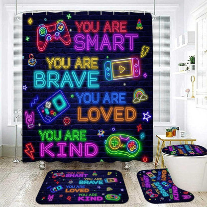Neon Gamer Shower Curtain Set - 4 Piece with Rugs & Hooks
