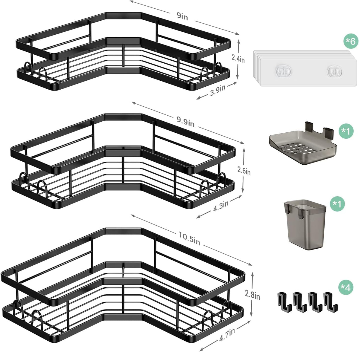 Adhesive Corner Shower Shelves - Rustproof Steel (3 Pack)