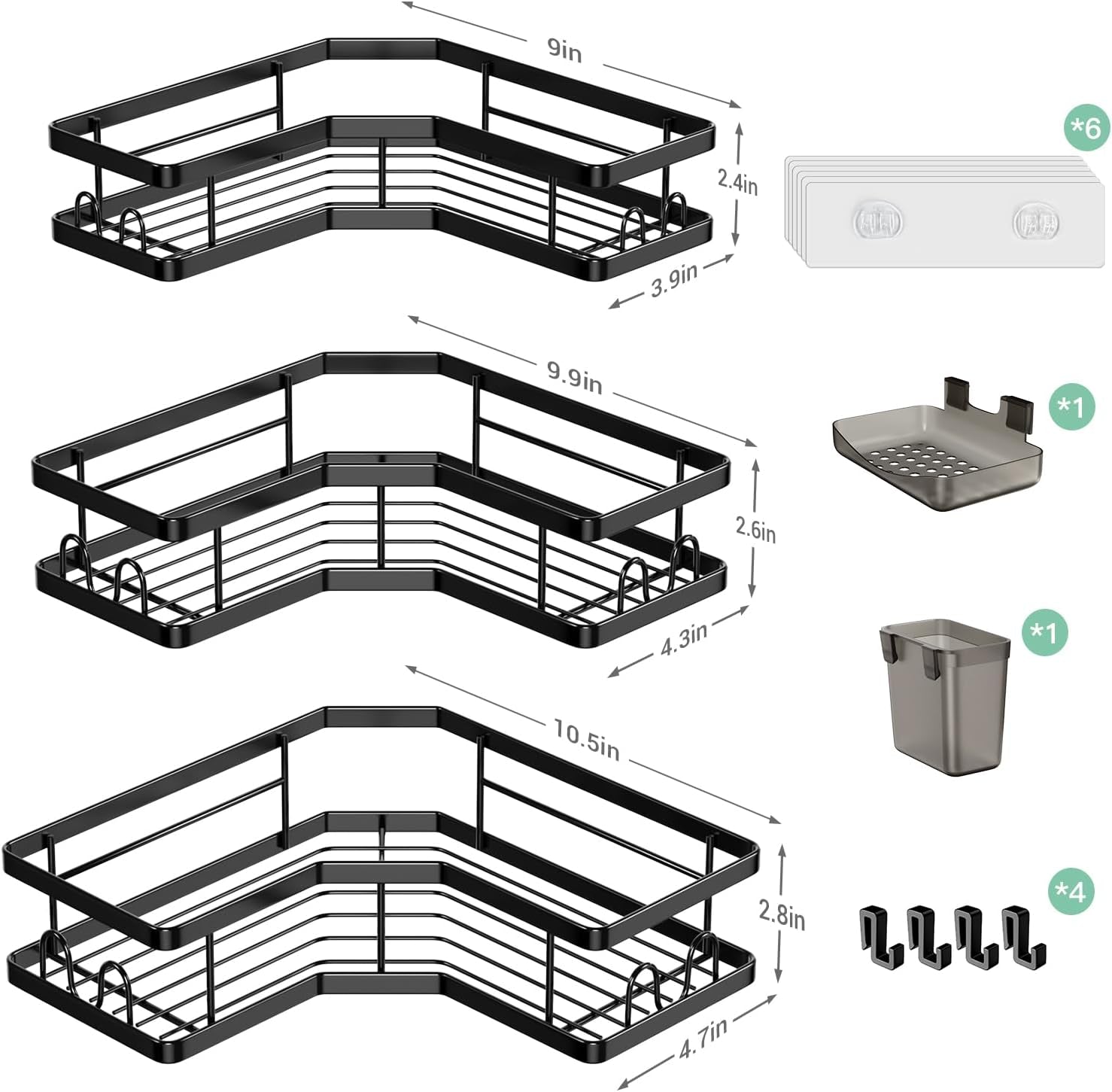 Adhesive Corner Shower Shelves - Rustproof Steel (3 Pack)