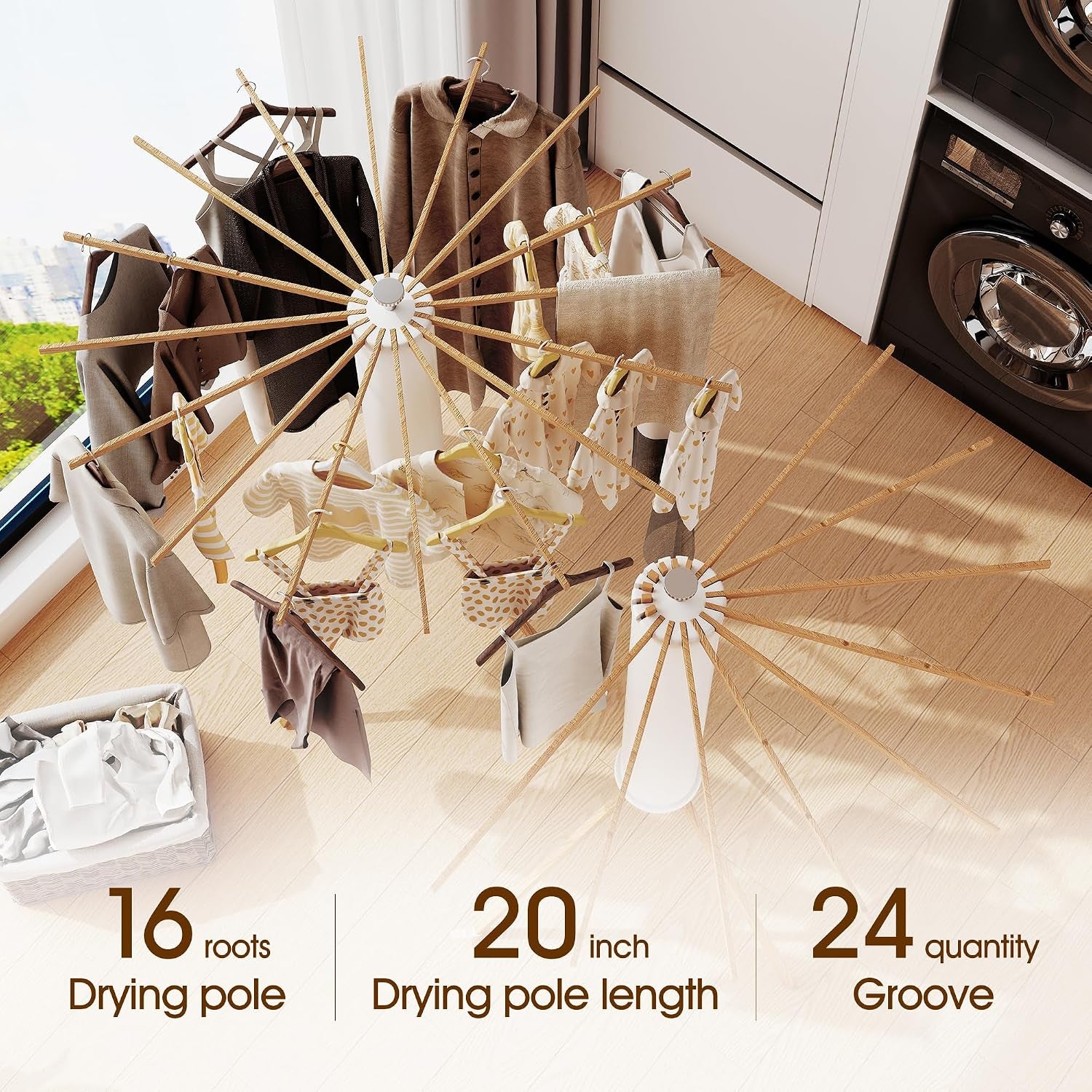 Foldable Clothes Drying Rack - 16 Wood Poles, Retractable