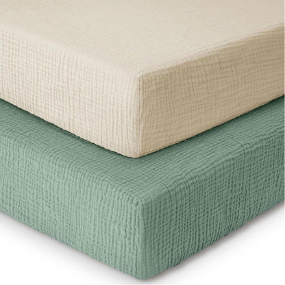 Muslin Crib Sheets 2-Pack - 100% Cotton, Green & Cream
