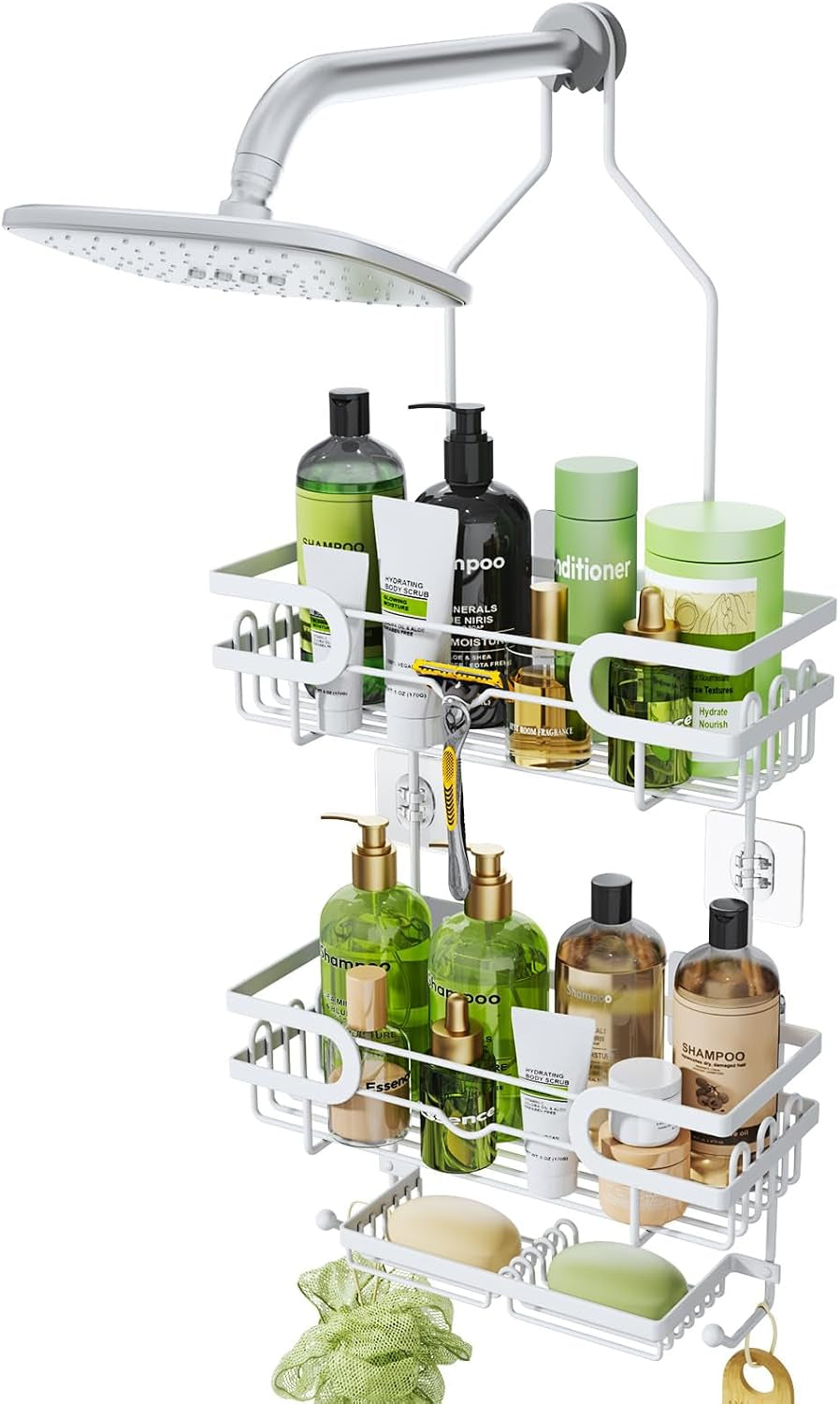 Hanging Shower Caddy - 12 Hooks & 2 Soap Trays, White