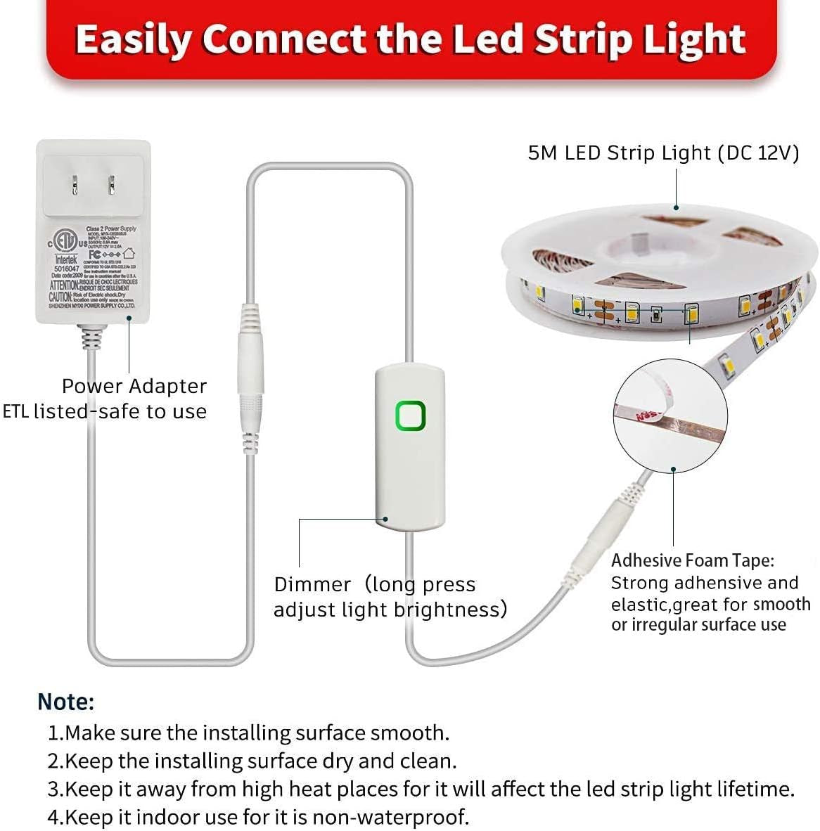 16.4Ft Warm Yellow LED Strip - Dimmable Under-Cabinet Kit