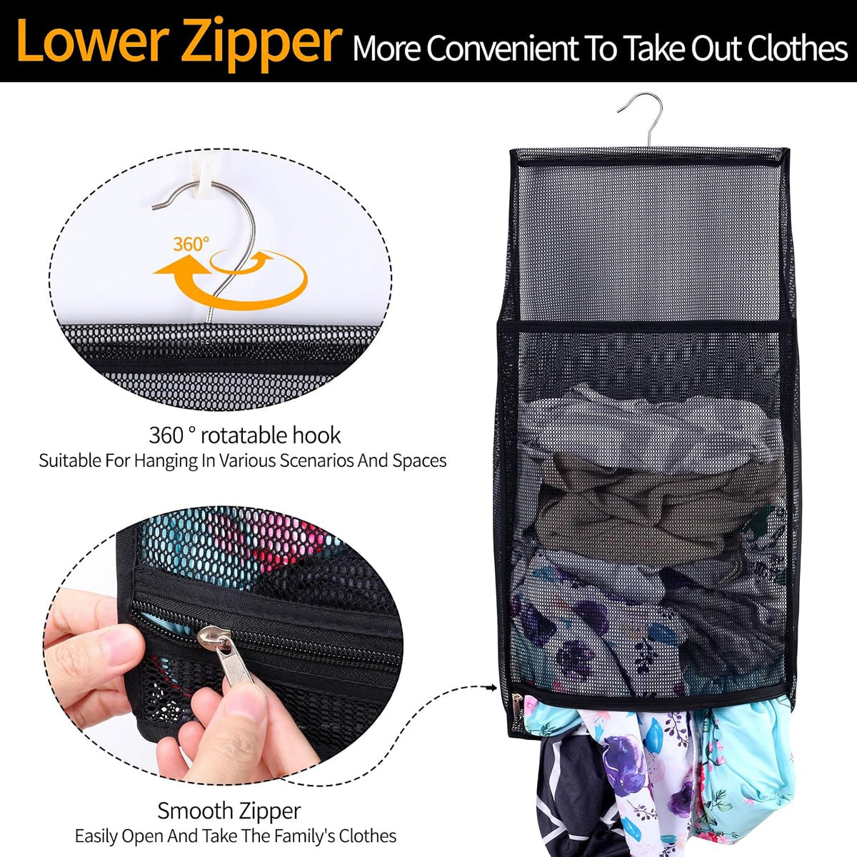 Hanging Mesh Laundry Bag - Collapsible, Space-Saving (Black)