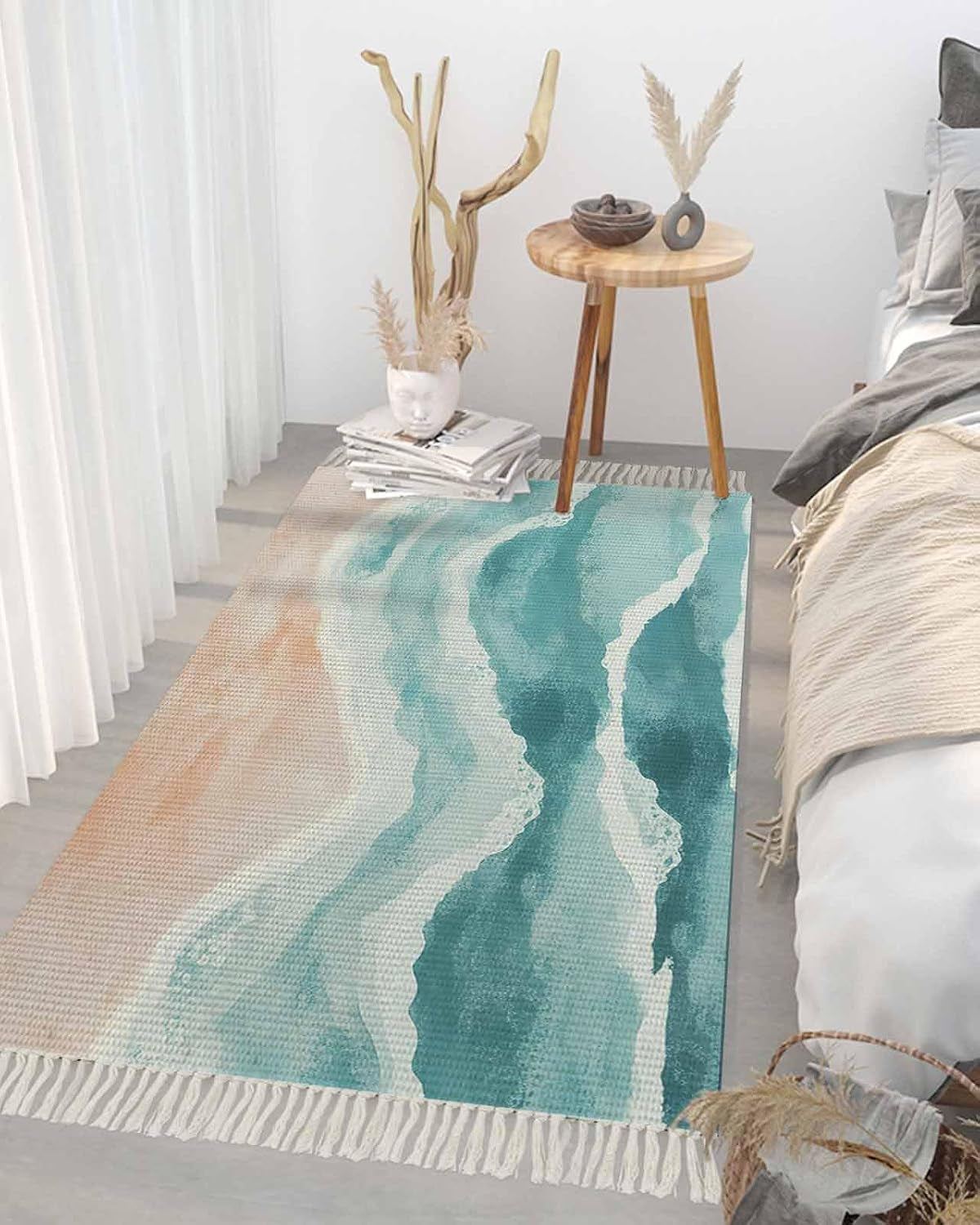 Boho Coastal Woven Rug 3X5 - Washable Cotton with Tassels