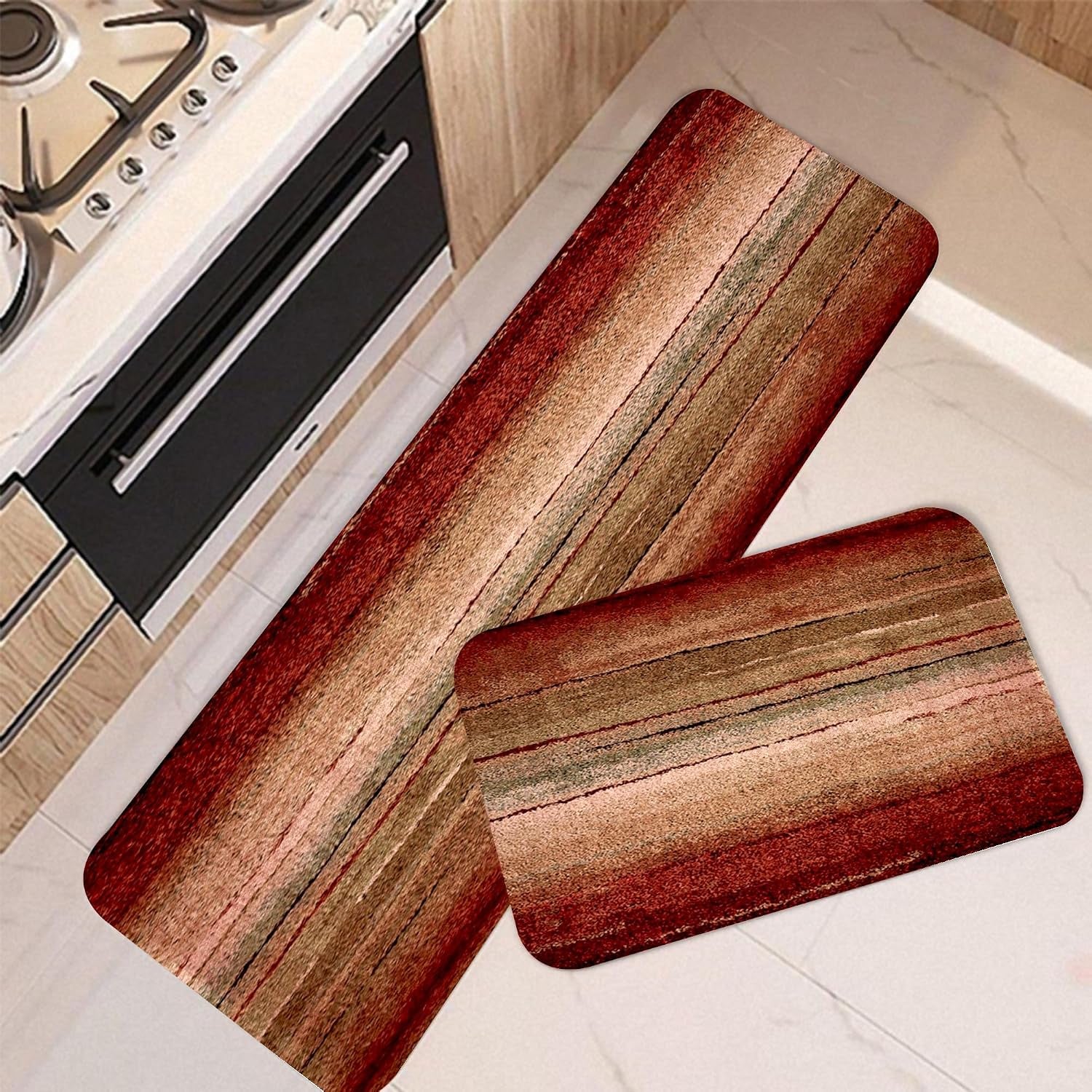 Kitchen Rug Set - 2 Piece Non-Slip Runner, Red Oxide