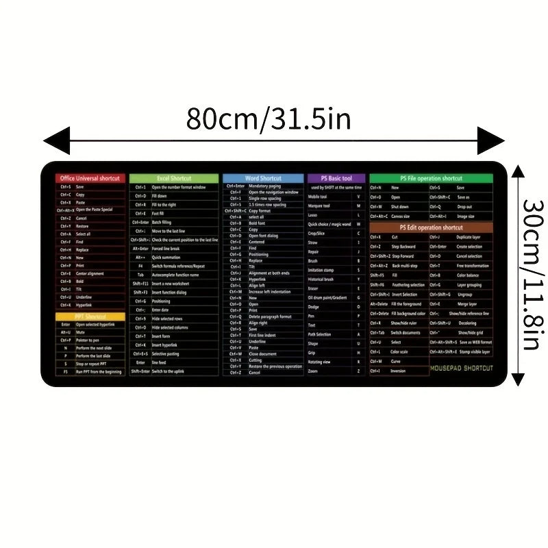 XL Shortcut Key Desk Mat - 31.5In Non-Slip Mouse Pad
