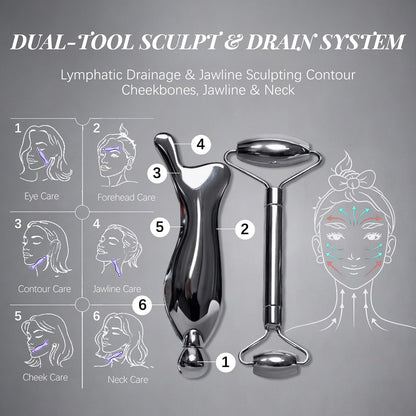 Steel Face Roller & Gua Sha Set - Lymphatic Drainage Duo