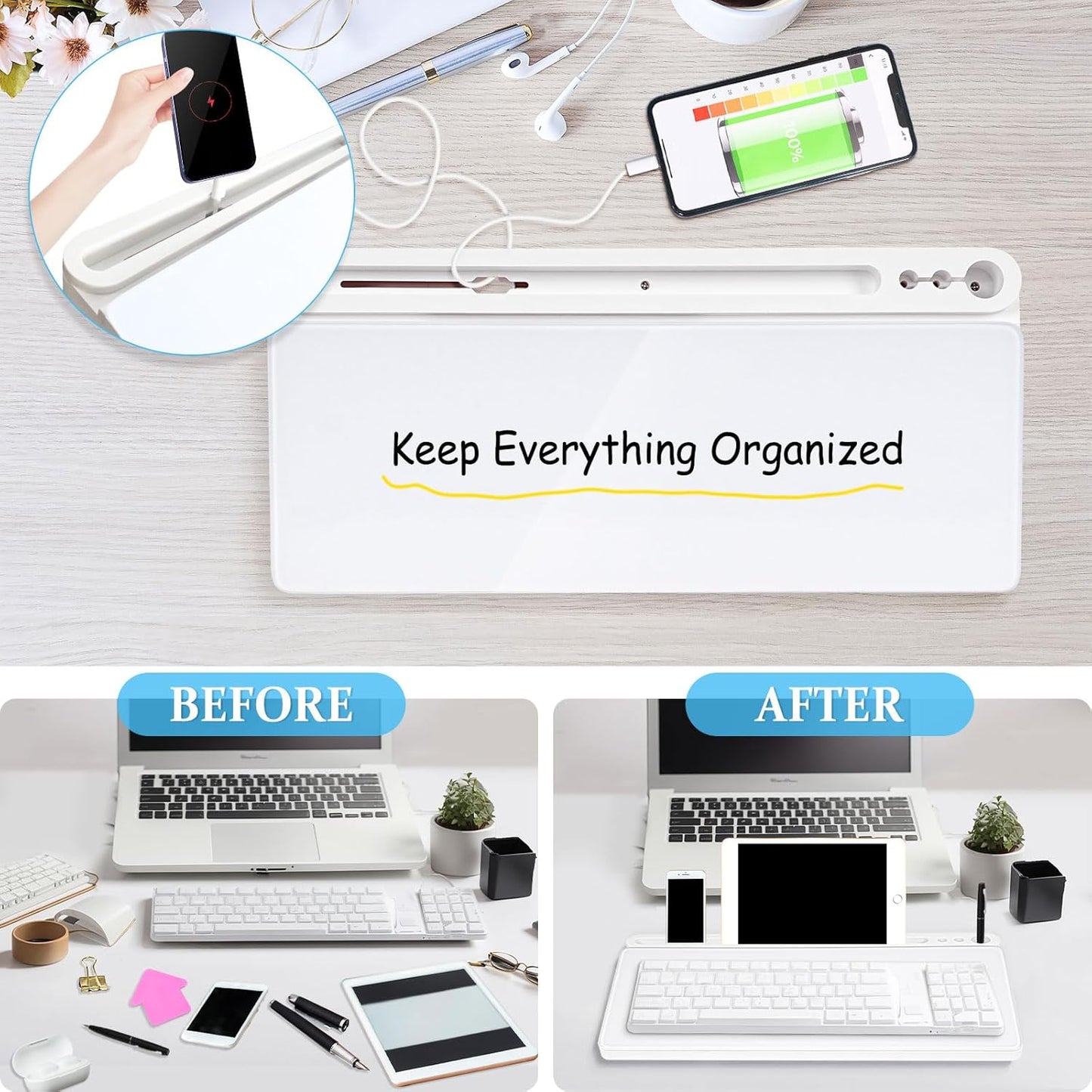 Glass Desk Whiteboard with Drawer & Keyboard Stand - White