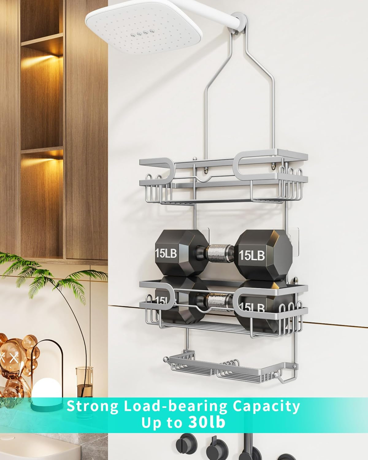 Hanging Shower Caddy - 12 Hooks & 2 Soap Trays, Silver