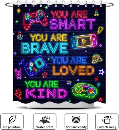 Neon Gamer Shower Curtain Set - 4 Piece with Rugs & Hooks