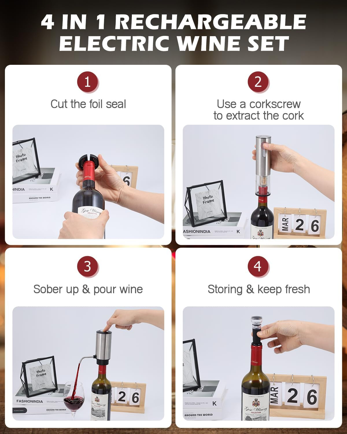 Rechargeable Electric Wine Opener - 4-In-1 Gift Set