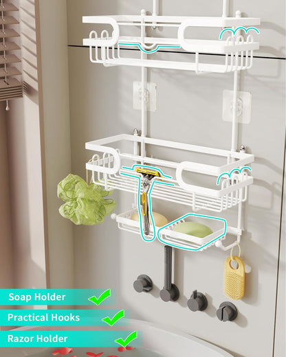 Hanging Shower Caddy - 12 Hooks & 2 Soap Trays, White