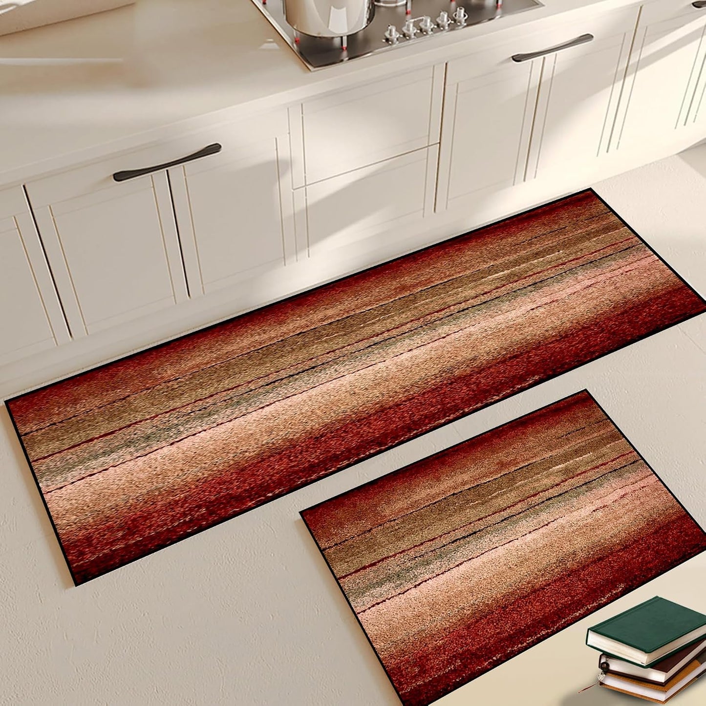 Kitchen Rug Set - 2 Piece Non-Slip Runner, Red Oxide