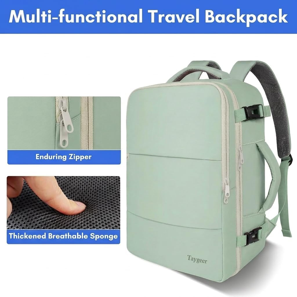 40L Carry-On Travel Backpack - Shoe Pouch, Green Beige