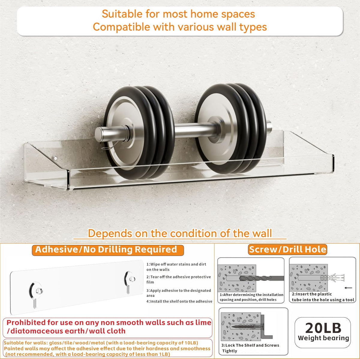 Clear Acrylic Shower Shelves - No-Drill Adhesive (2 Pack)