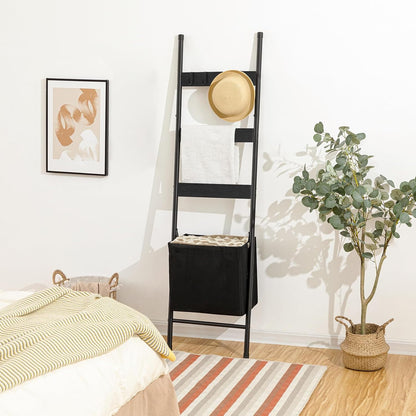 Blanket Ladder with Basket - 63In Towel Rack, Black