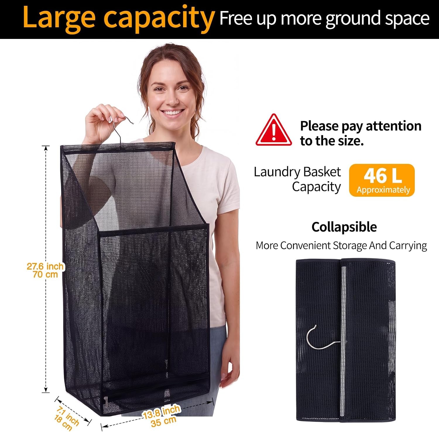 Hanging Mesh Laundry Bag - Collapsible, Space-Saving (Black)