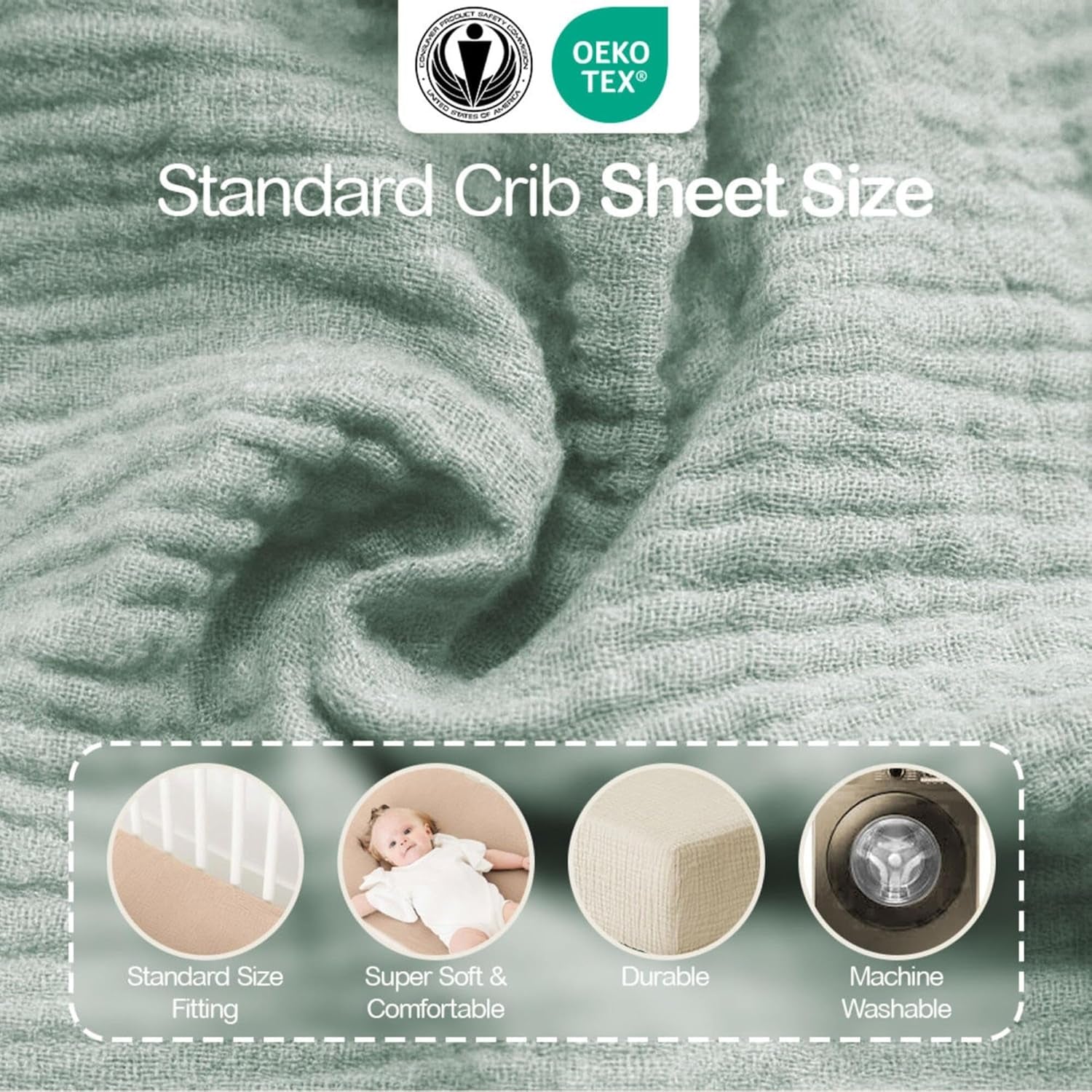 Muslin Crib Sheets 2-Pack - 100% Cotton, Green & Cream