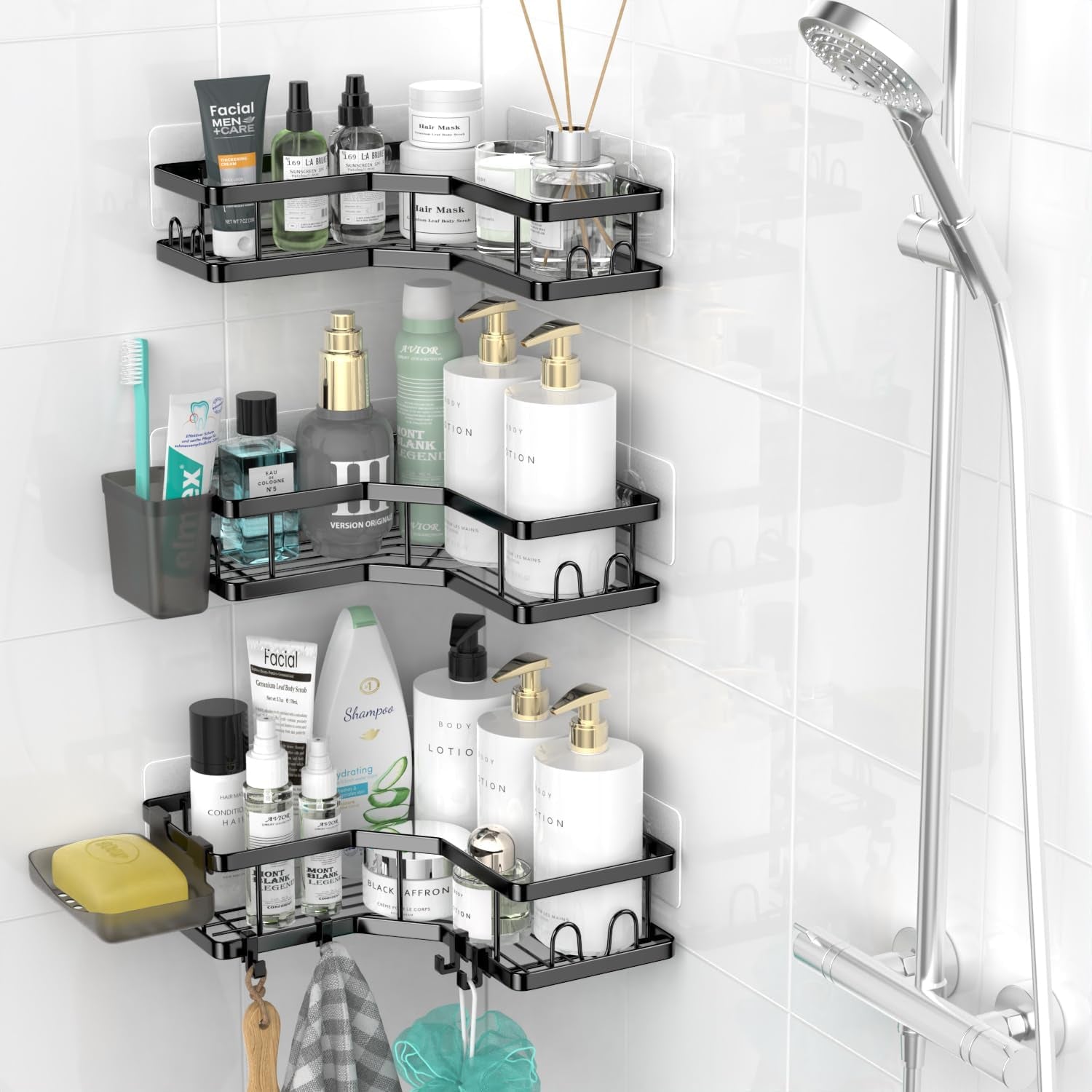 Adhesive Corner Shower Shelves - Rustproof Steel (3 Pack)
