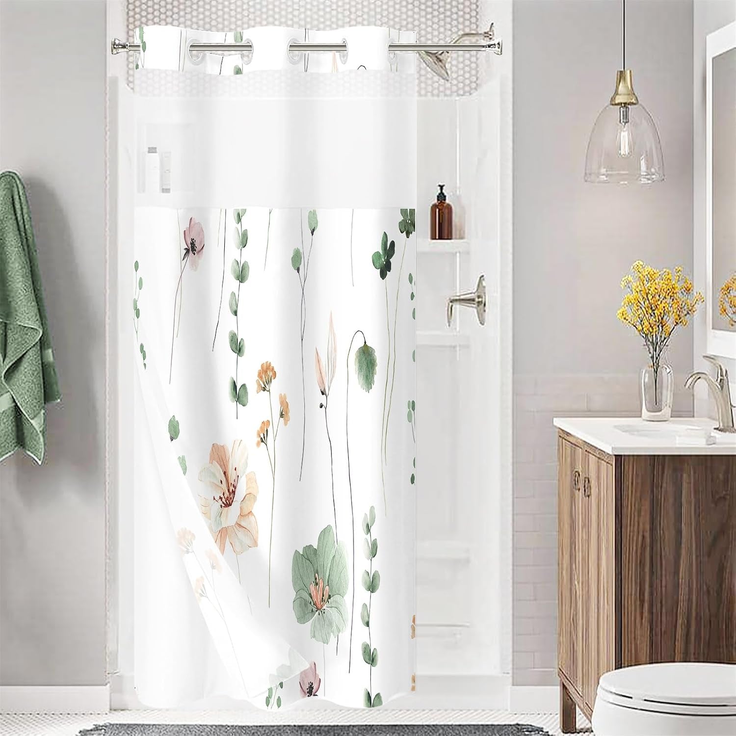 Floral Shower Curtain & Bath Mat Set - Snap-In Liner