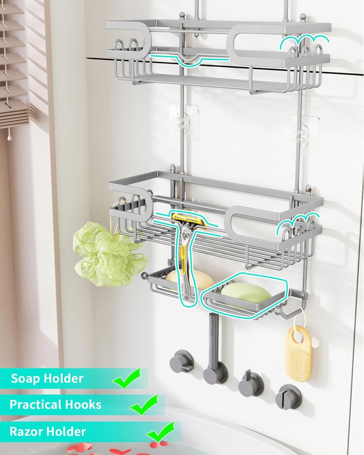 Hanging Shower Caddy - 12 Hooks & 2 Soap Trays, Silver