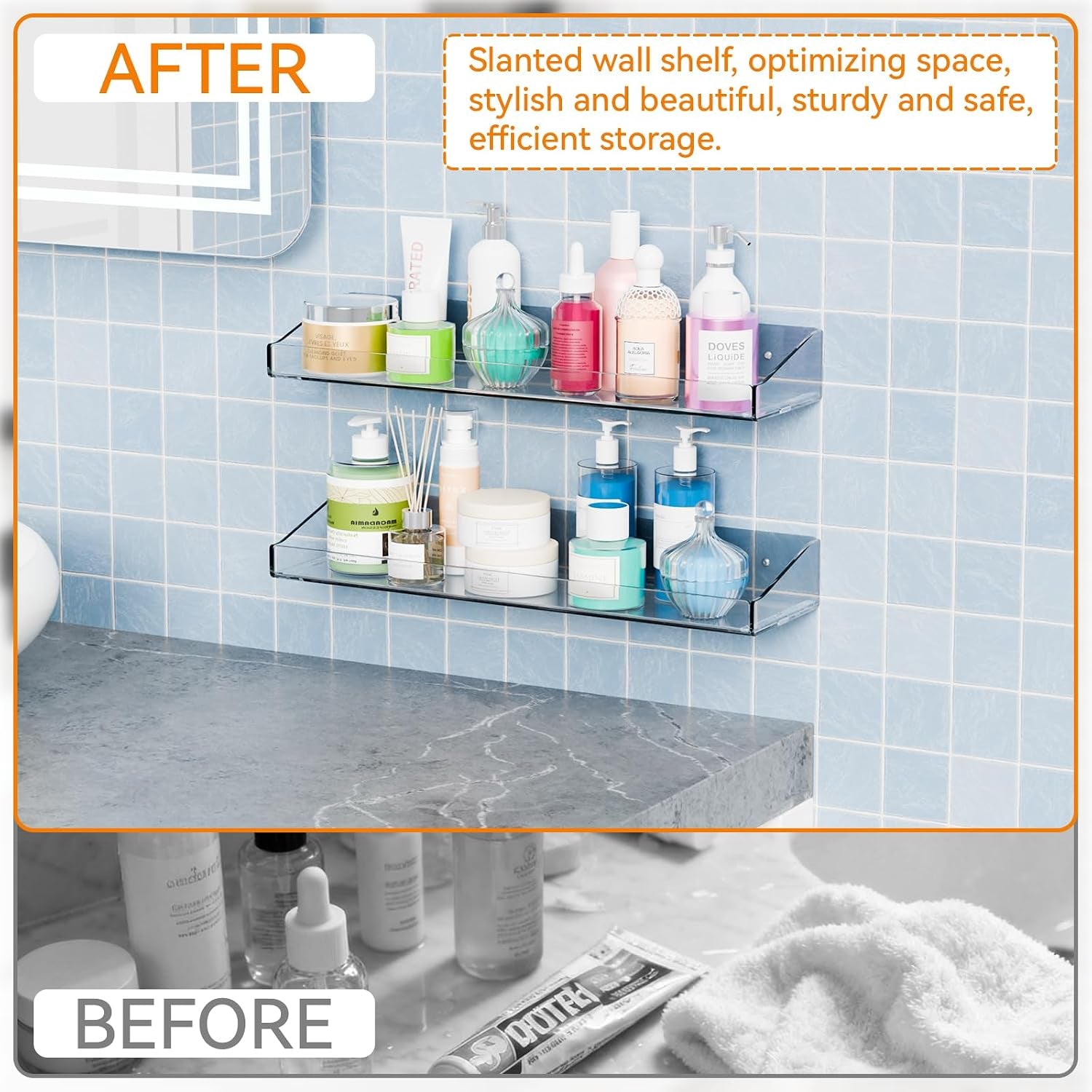 Clear Acrylic Shower Shelves - No-Drill Adhesive (2 Pack)