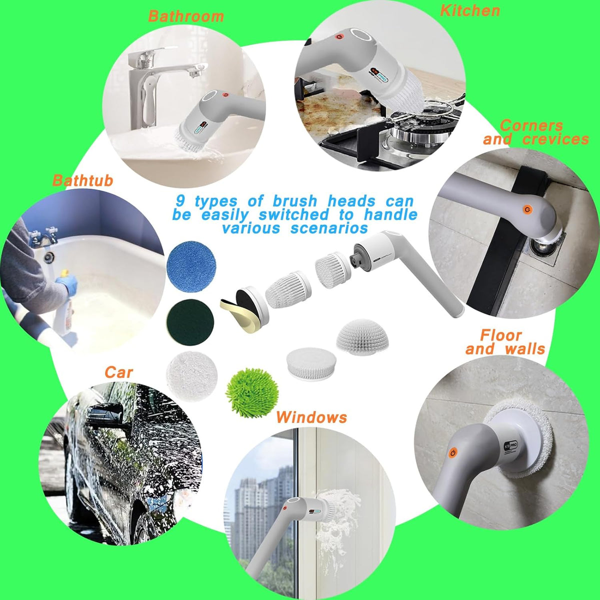 Cordless Electric Spin Scrubber - IPX7, 9 Brush Heads