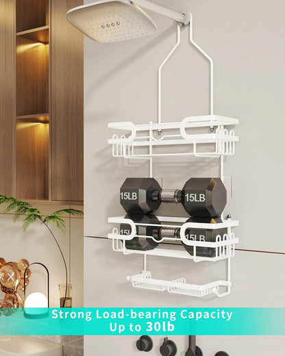 Hanging Shower Caddy - 12 Hooks & 2 Soap Trays, White